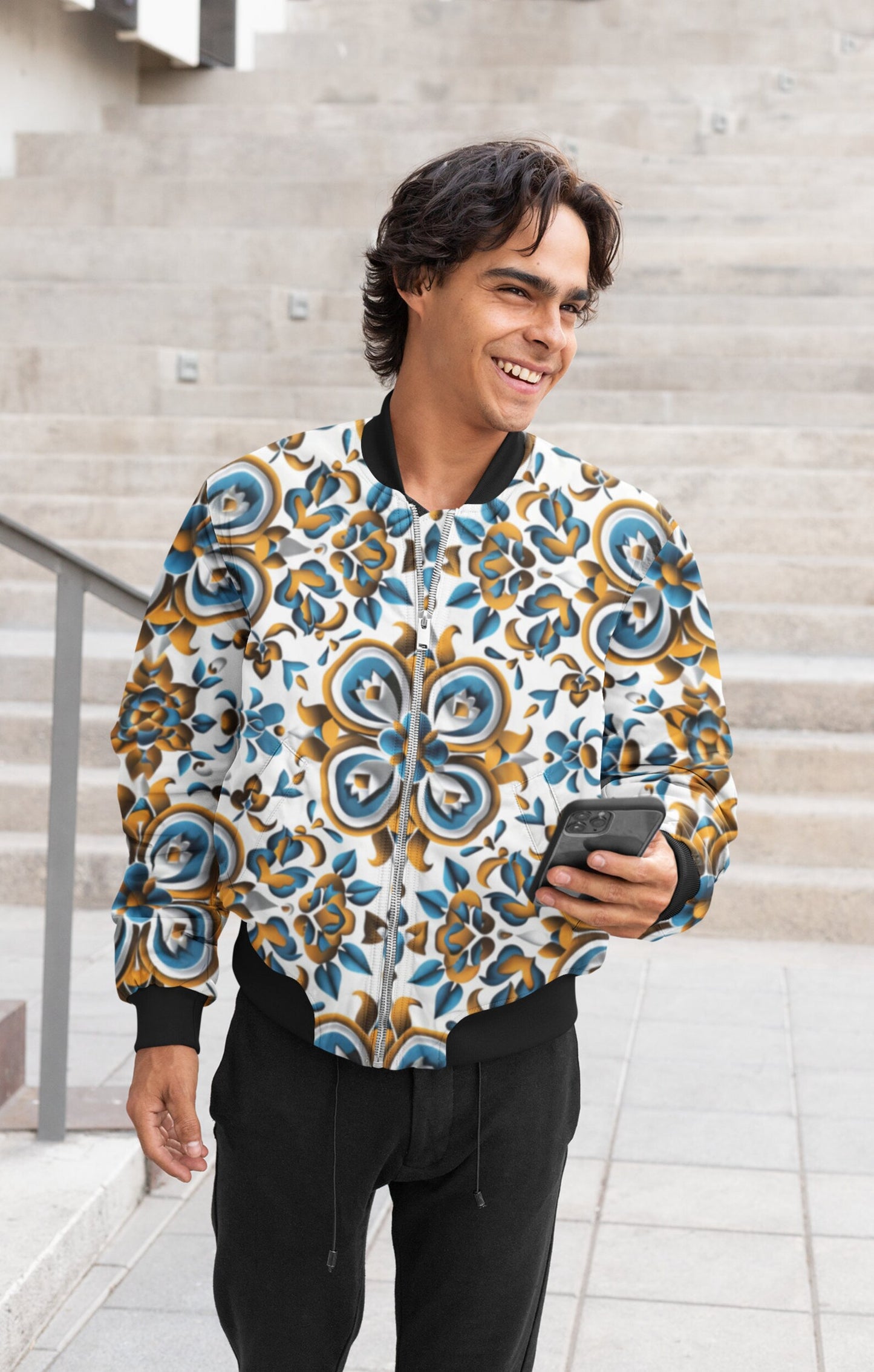 Men's African Print Bomber Jacket, Blue & Yellow Floral Pattern, Vibrant Cultural Style