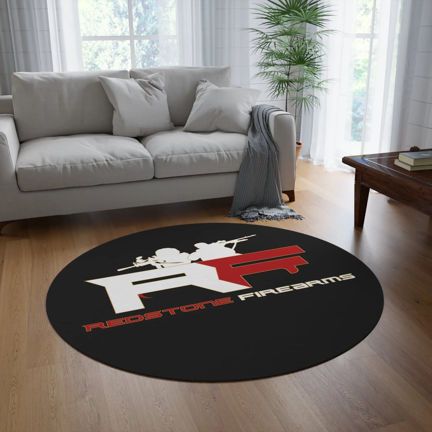 Custom Round Rug, Add Your Logo or Photo, All Colors, High-Resolution, 60" Polyester Chenille, Ideal for Businesses and Home Gun Rooms