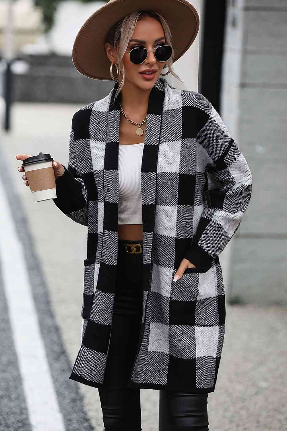 Cozy Plaid Open-Front Cardigan with Pocket