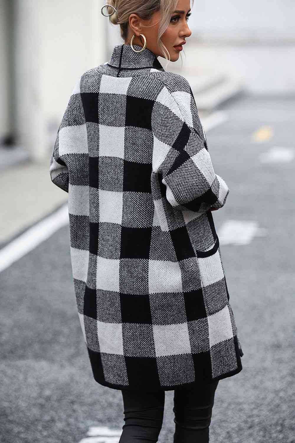 Cozy Plaid Open-Front Cardigan with Pocket