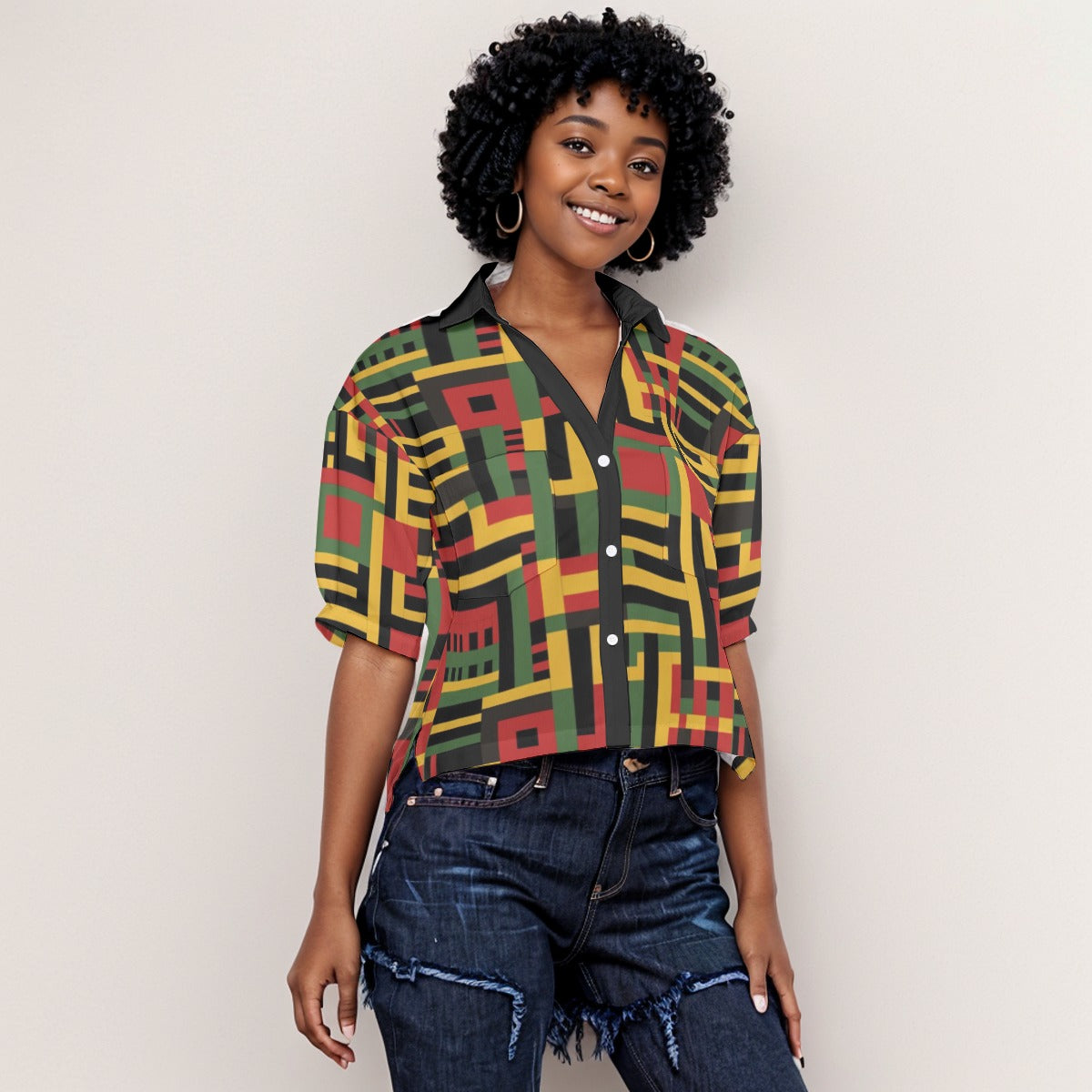 Kente Cloth Print Women's V-Neck Tapestry Shirt, African Print Fashion