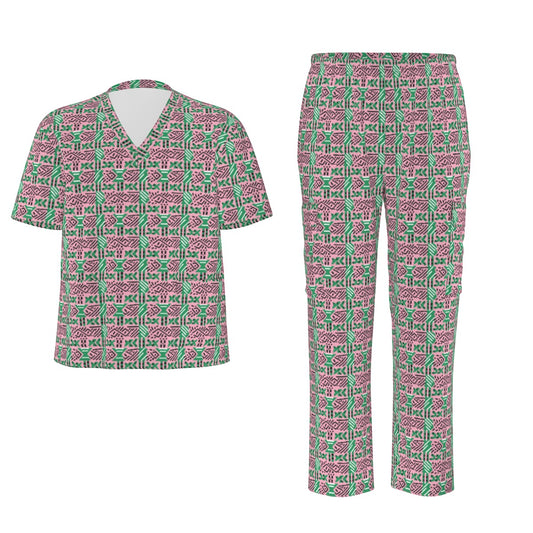 Pink & Green AKA Sorority Themed Birdseye Medical Scrub Set, Plus Size 2 Piece Scrub Set