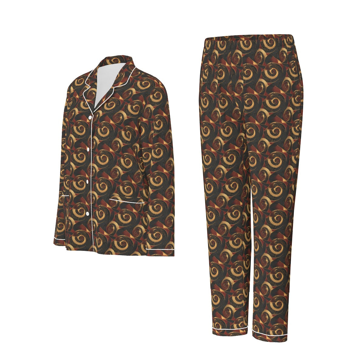 Crimson & Gold African Ankara Print Women's Long Sleeve Pajama Set with White Contrast Piping