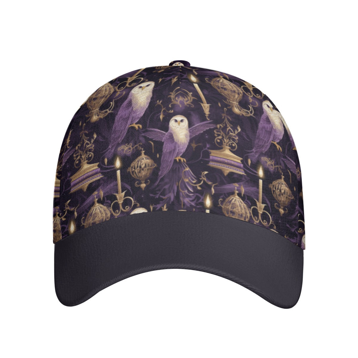 Mystical Wizardry Peaked Cap, Potterhead Enchanted Owl & Magical Artifacts Print Hat, Mystical Golden Snitch Hat