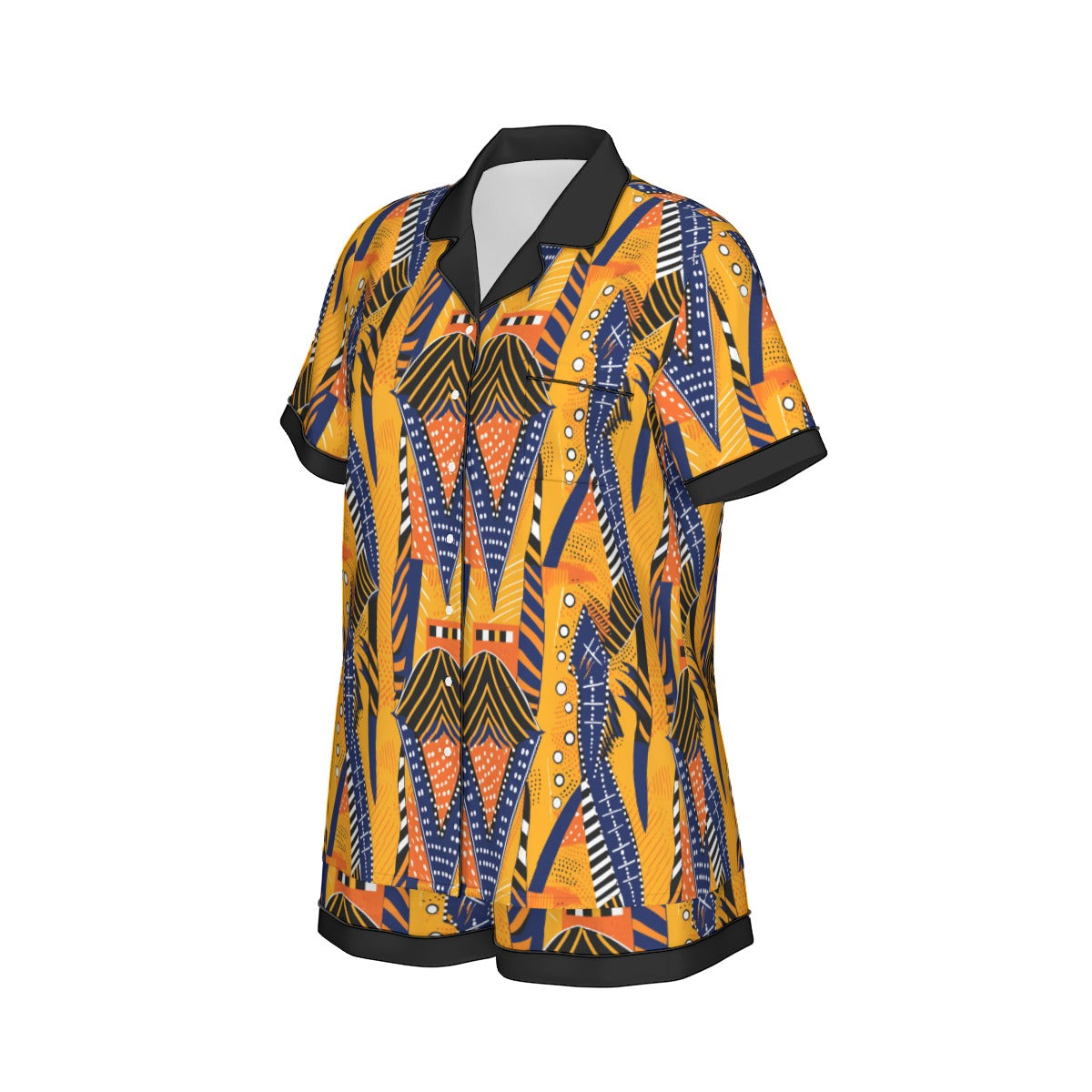 African Kente Cloth Print Women's Short Sleeved Silk Pajama Set, Luxurious Kente Nightwear