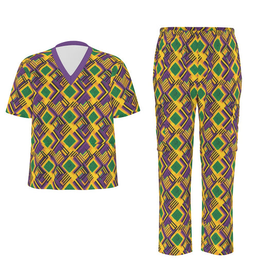 Mardi Gras Kente Cloth Print Birdseye Scrub Set, Carnival Themed Medical Uniform