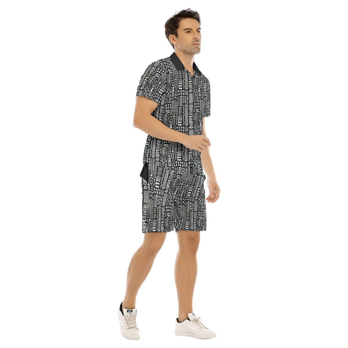 Black & White Mens African Mud Cloth Print Short Set, Mens 2-Piece Bogolan Summer Outfit