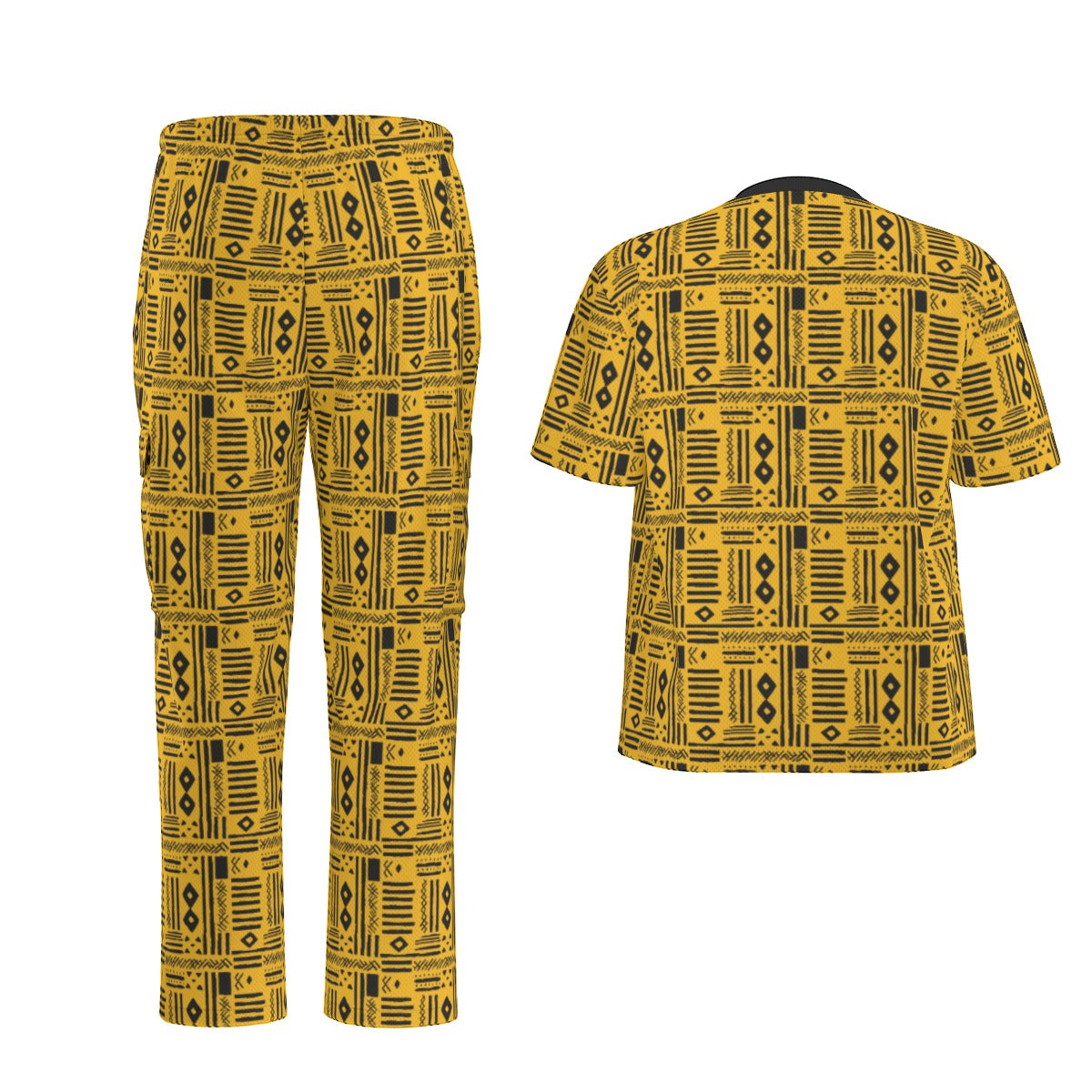 Yellow African Mudcloth Patterned V-Neck Medical Scrubs Set in Yellow and Black, Stylish V-Neck Scrubs Set