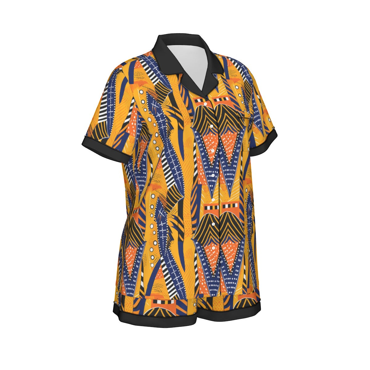 African Kente Cloth Print Women's Short Sleeved Silk Pajama Set, Luxurious Kente Nightwear