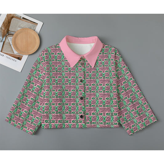 Women's AKA Inspired Pink & Green African Mud Cloth Print Cropped Cardigan, Pink and Green Fashion