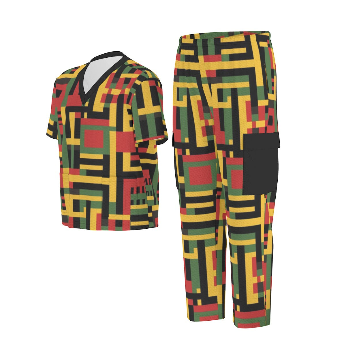 African Kente Print Unisex Scrub Set, V-neck Tribal Print Nurse Scrubs