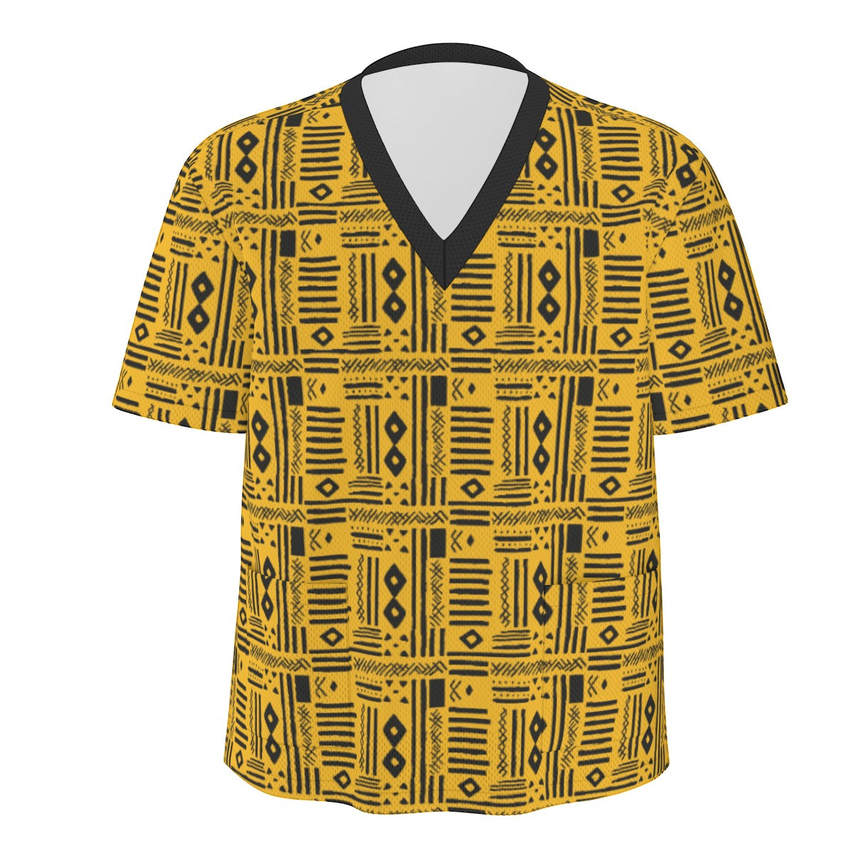 Yellow African Mudcloth Patterned V-Neck Medical Scrubs Set in Yellow and Black, Stylish V-Neck Scrubs Set