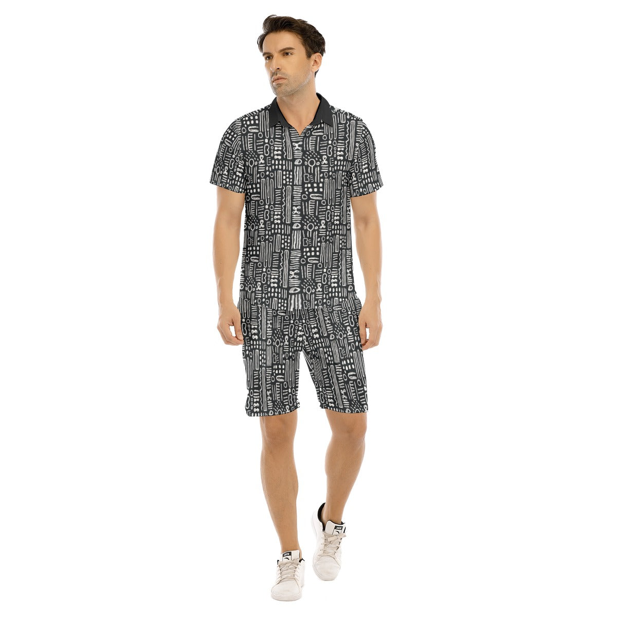 Black & White Mens African Mud Cloth Print Short Set, Mens 2-Piece Bogolan Summer Outfit