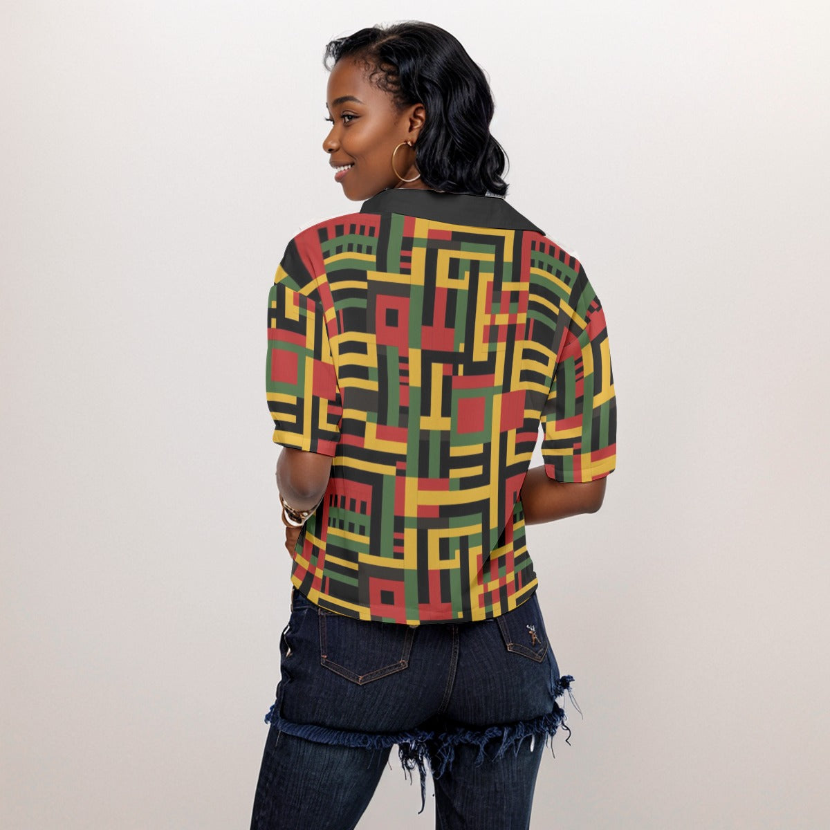 Kente Cloth Print Women's V-Neck Tapestry Shirt, African Print Fashion