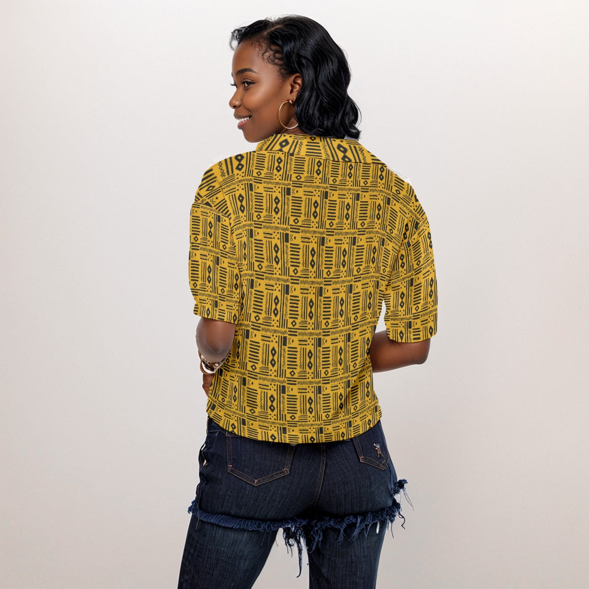 Elegant Women's Yellow & Black African MudCloth Print Loose Fit Top With Side Slits