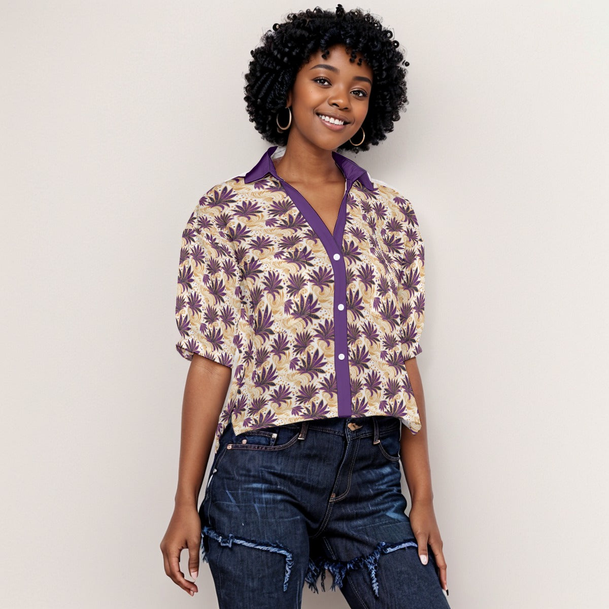 Royal Amethyst Purple & Gold Women's Loose Fit Top With Side Slits, African Print Blouse