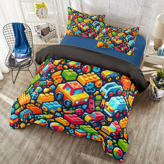 Kids Colorful Toy Building Block Themed Duvet Cover Set - 4 Piece Bedding