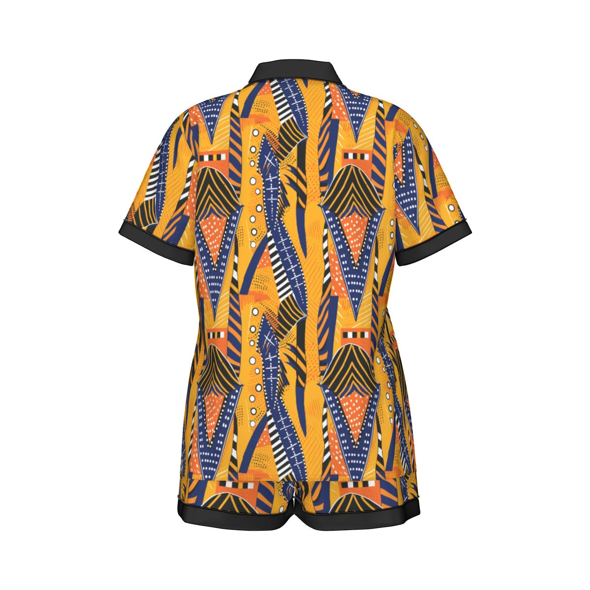 African Kente Cloth Print Women's Short Sleeved Silk Pajama Set, Luxurious Kente Nightwear