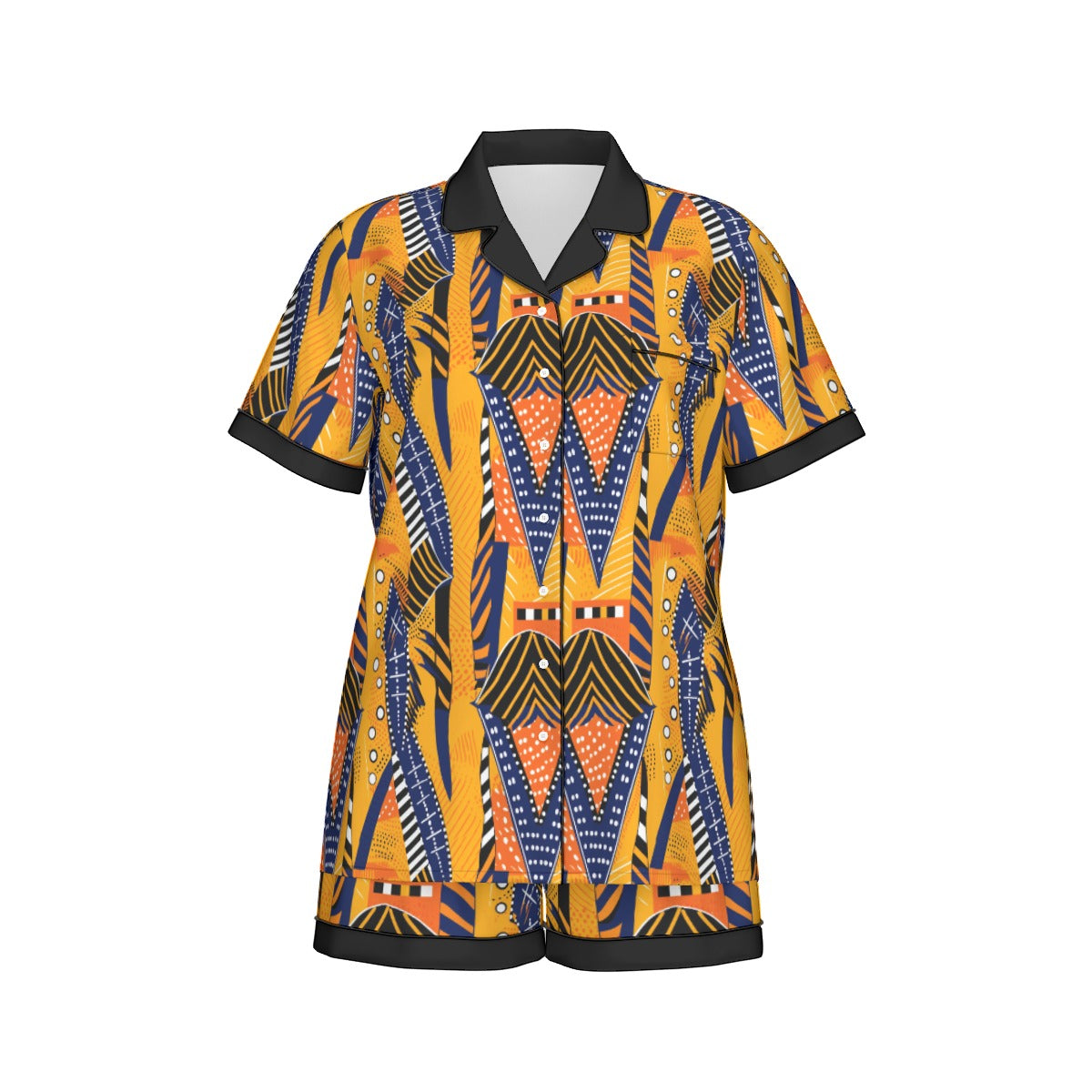 African Kente Cloth Print Women's Short Sleeved Silk Pajama Set, Luxurious Kente Nightwear