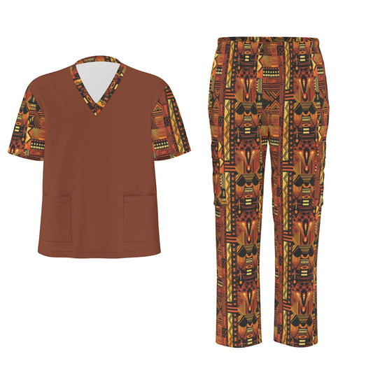 Golden Brown Afrofuturism African Print Medical Scrubs - Cultural Elegance & Comfort