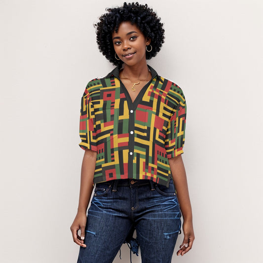 Kente Cloth Print Women's V-Neck Tapestry Shirt, African Print Fashion