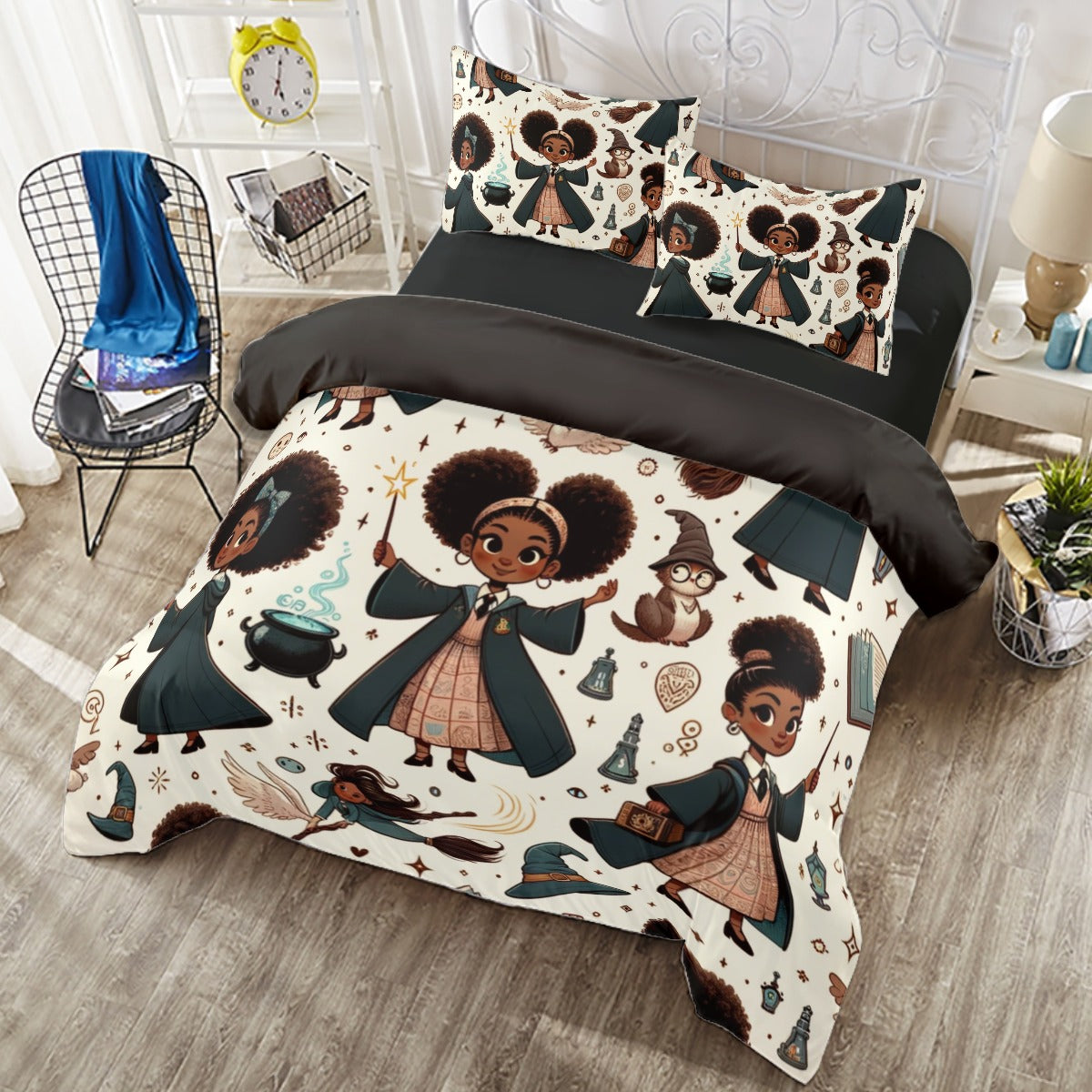 Black Girl Potterhead Magical World 4 Piece Duvet Cover Set , Wands, Owls, Magical Symbols Bedroom