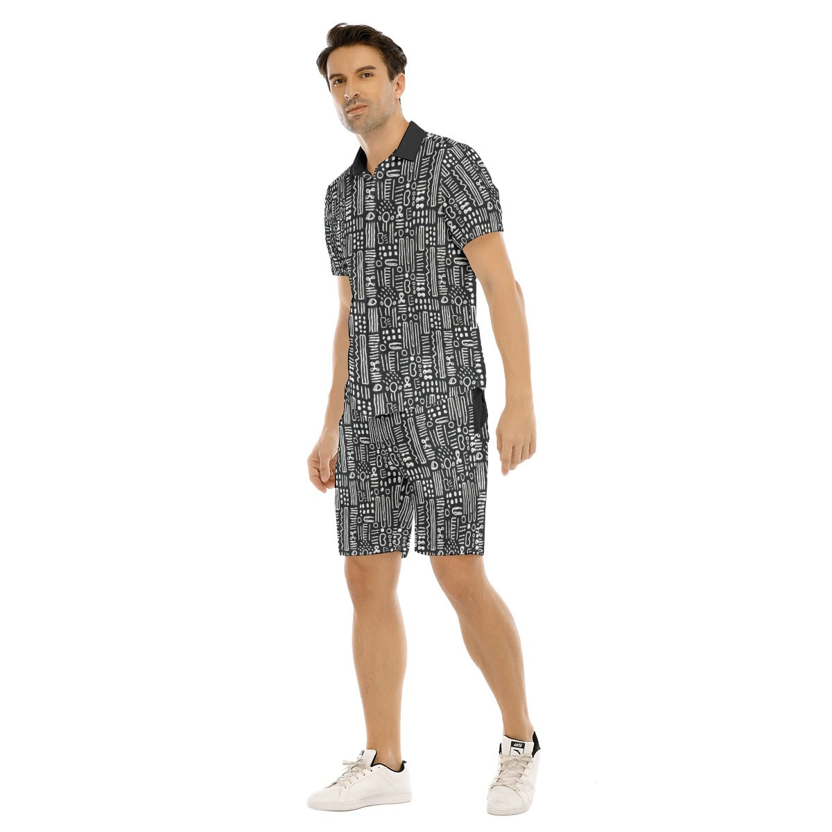 Black & White Mens African Mud Cloth Print Short Set, Mens 2-Piece Bogolan Summer Outfit