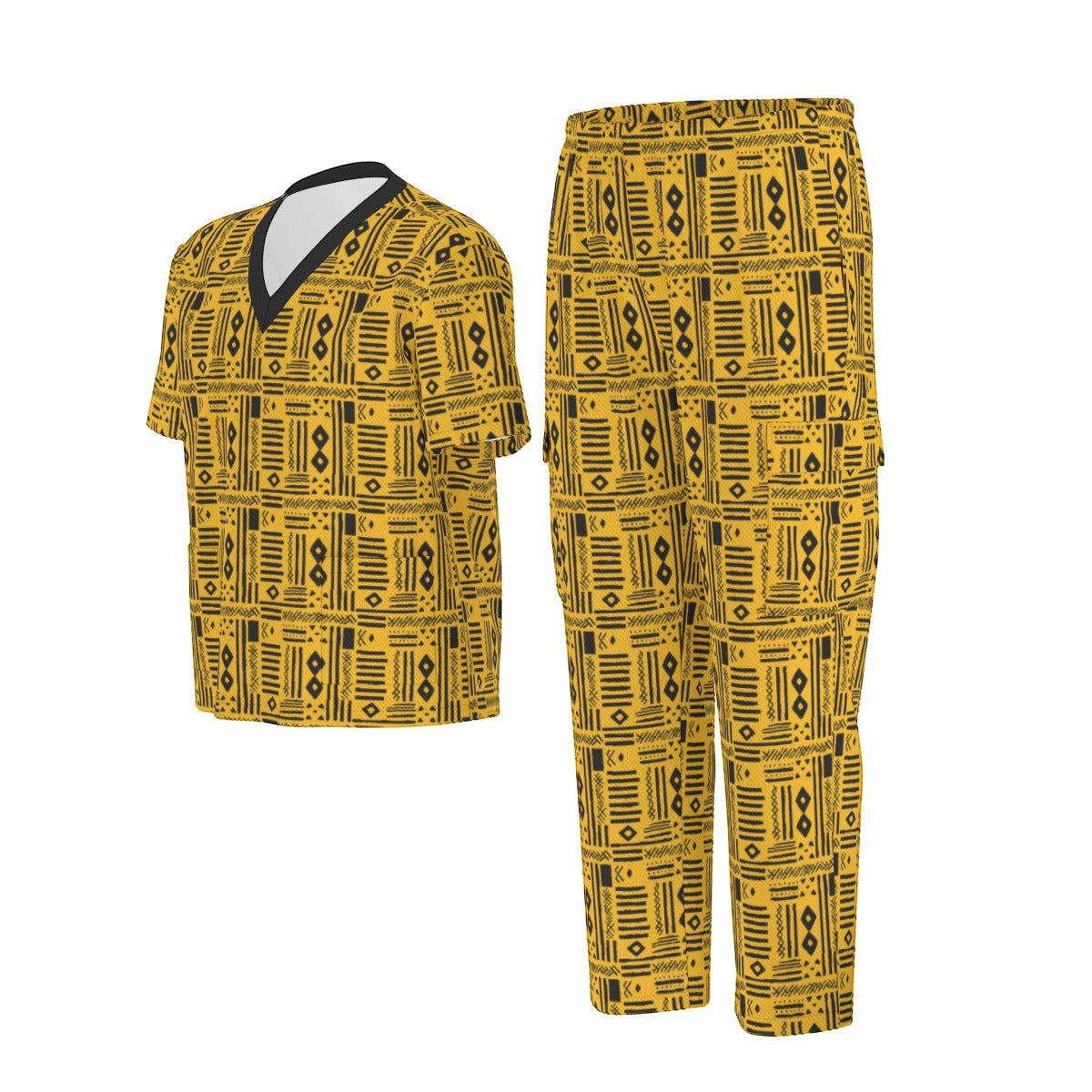 Yellow African Mudcloth Patterned V-Neck Medical Scrubs Set in Yellow and Black, Stylish V-Neck Scrubs Set