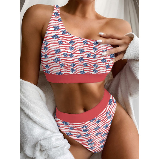 American Glory Single Shoulder Bikini Set, American Flag Swimwear