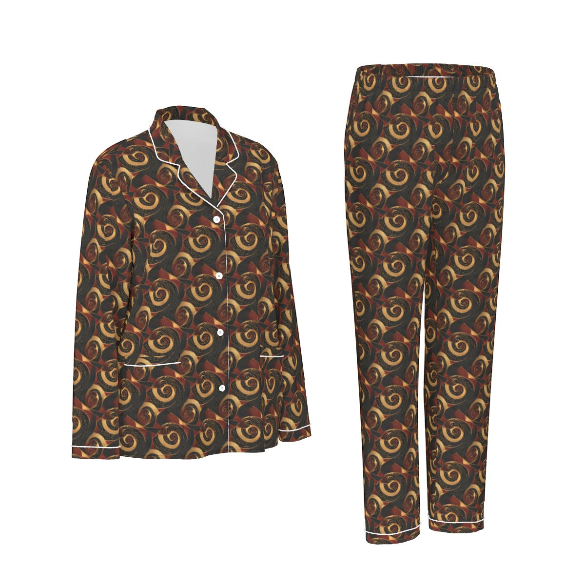 Crimson & Gold African Ankara Print Women's Long Sleeve Pajama Set with White Contrast Piping