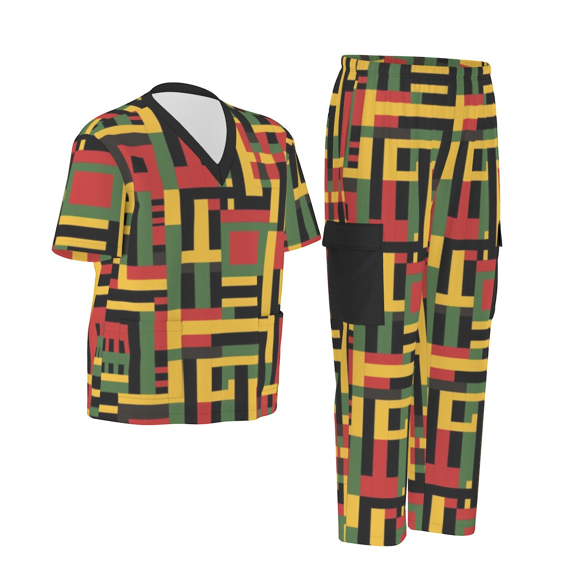 African Kente Print Unisex Scrub Set, V-neck Tribal Print Nurse Scrubs