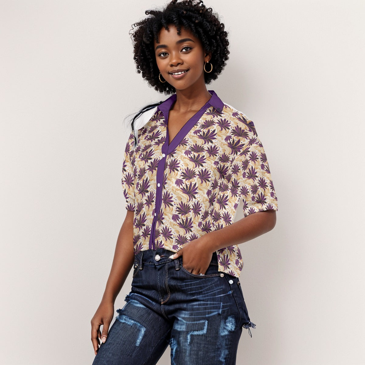 Royal Amethyst Purple & Gold Women's Loose Fit Top With Side Slits, African Print Blouse