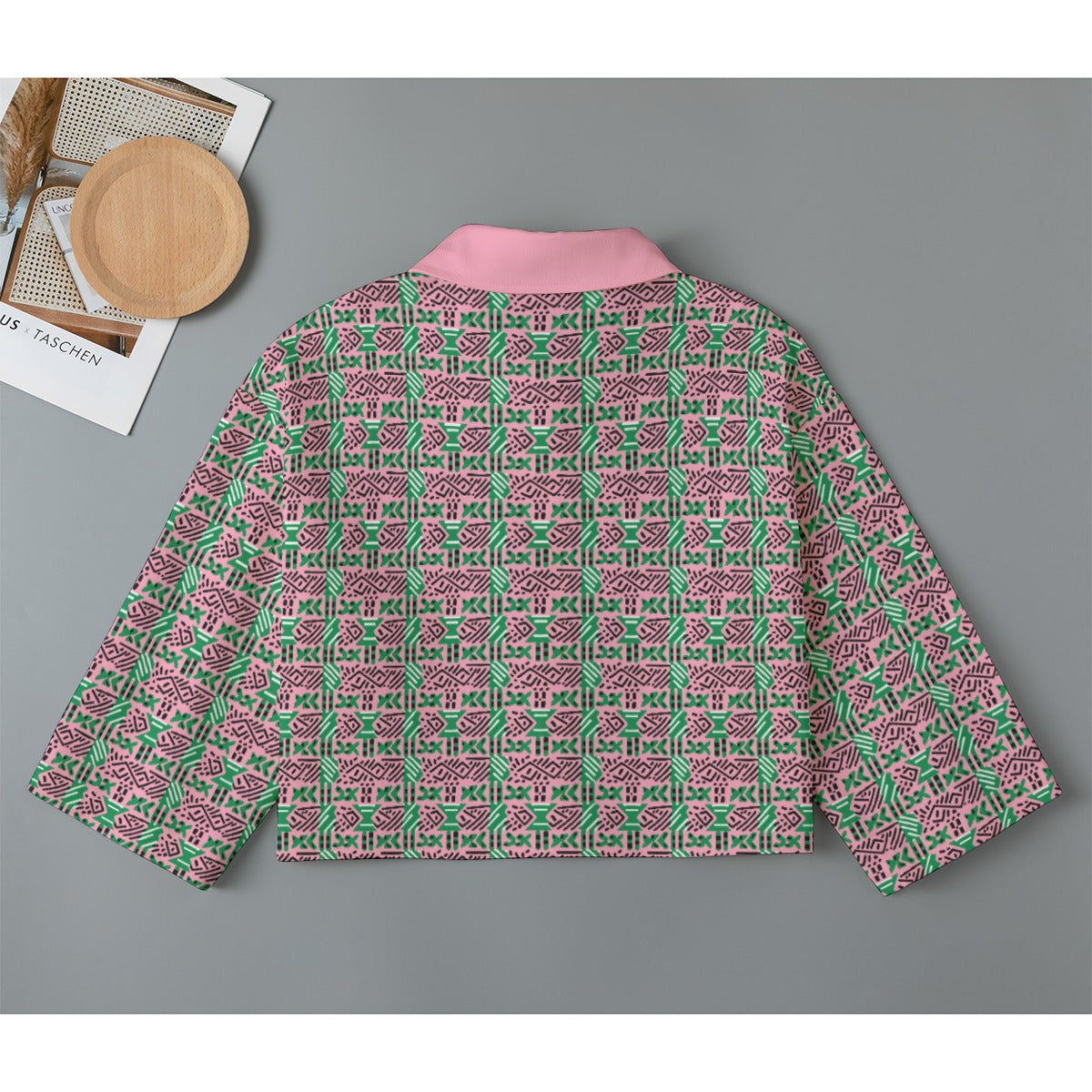 Women's AKA Inspired Pink & Green African Mud Cloth Print Cropped Cardigan, Pink and Green Fashion