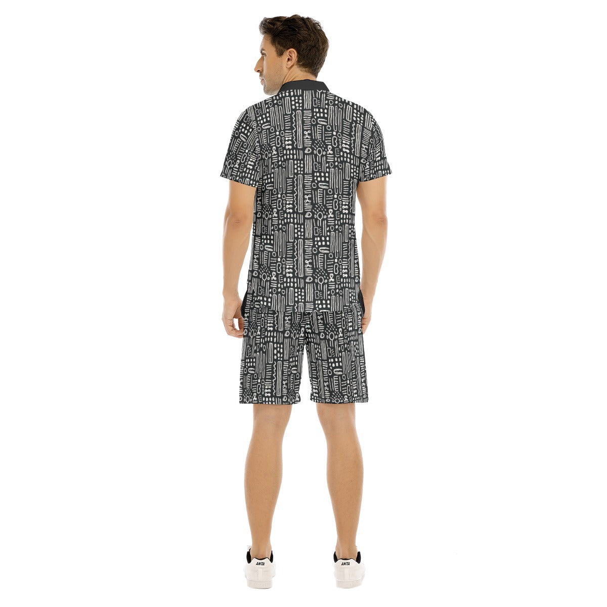 Black & White Mens African Mud Cloth Print Short Set, Mens 2-Piece Bogolan Summer Outfit