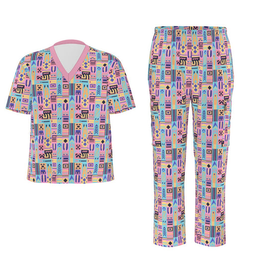 Pastel African Geometric MudCloth Birdseye Scrub Set, Tribal Abstract Design Medical Uniforms