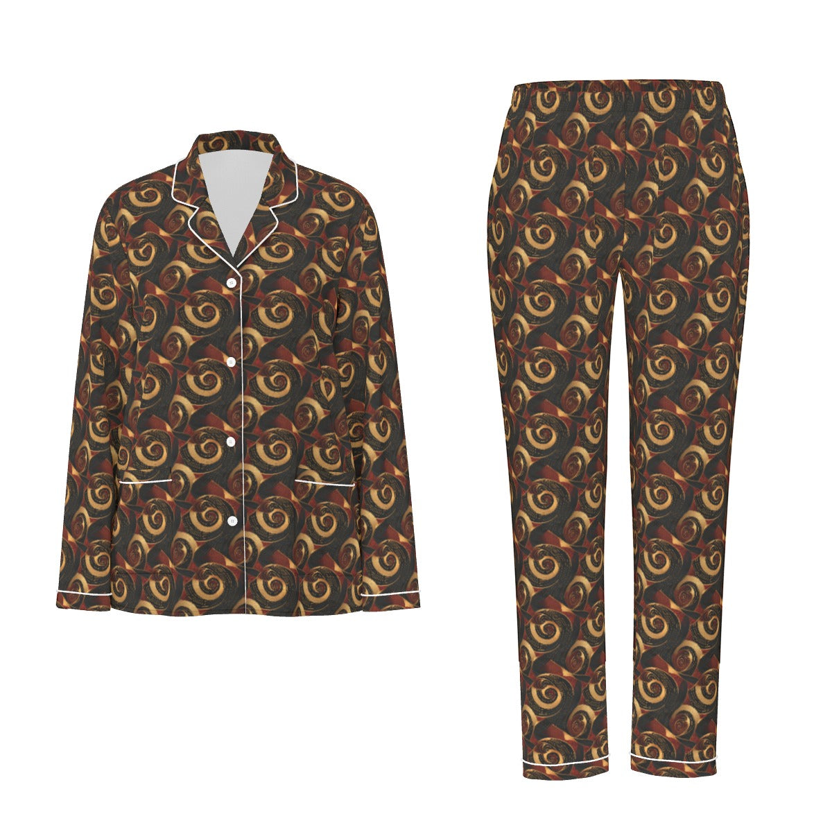 Crimson & Gold African Ankara Print Women's Long Sleeve Pajama Set with White Contrast Piping