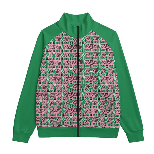 AKA Sorority Pink & Green African MudCloth Color Block Unisex Cotton Jacket