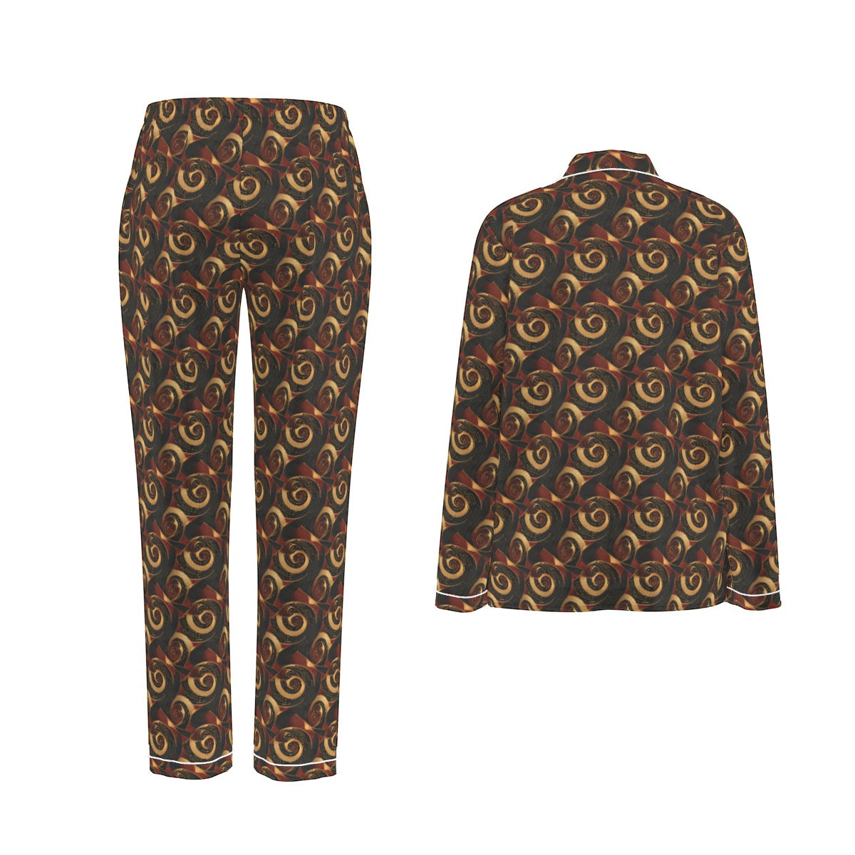 Crimson & Gold African Ankara Print Women's Long Sleeve Pajama Set with White Contrast Piping