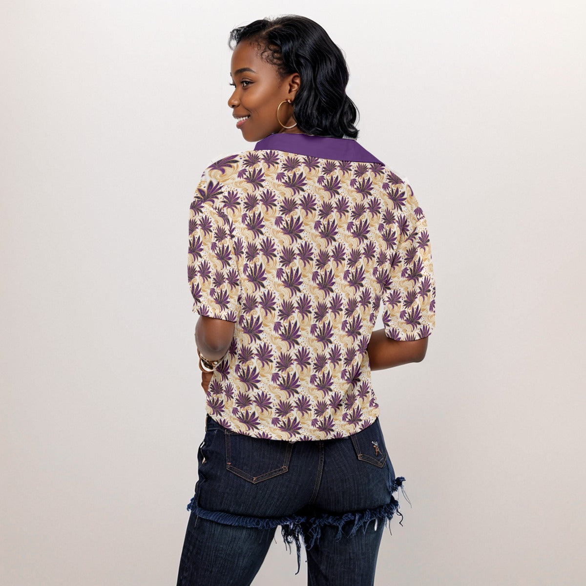 Royal Amethyst Purple & Gold Women's Loose Fit Top With Side Slits, African Print Blouse