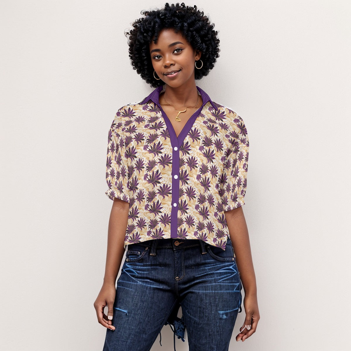 Royal Amethyst Purple & Gold Women's Loose Fit Top With Side Slits, African Print Blouse