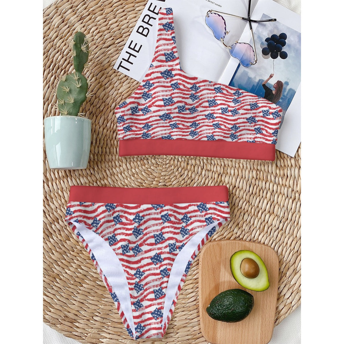 American Glory Single Shoulder Bikini Set, American Flag Swimwear