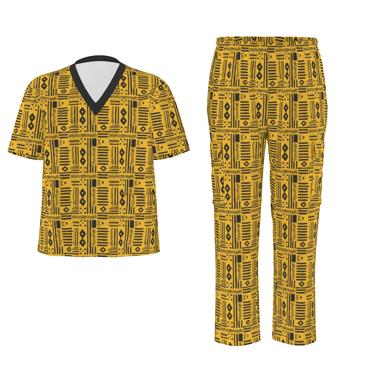 Yellow African Mudcloth Patterned V-Neck Medical Scrubs Set in Yellow and Black, Stylish V-Neck Scrubs Set