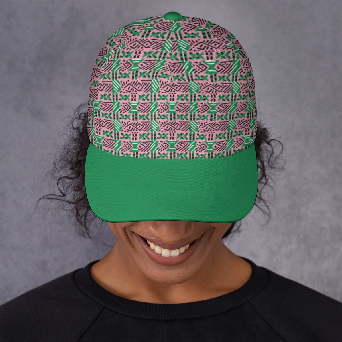 Pink & Green Pretty Girl Sorority Elegance Peaked Cap, AKA College Inspired Mud Cloth Design