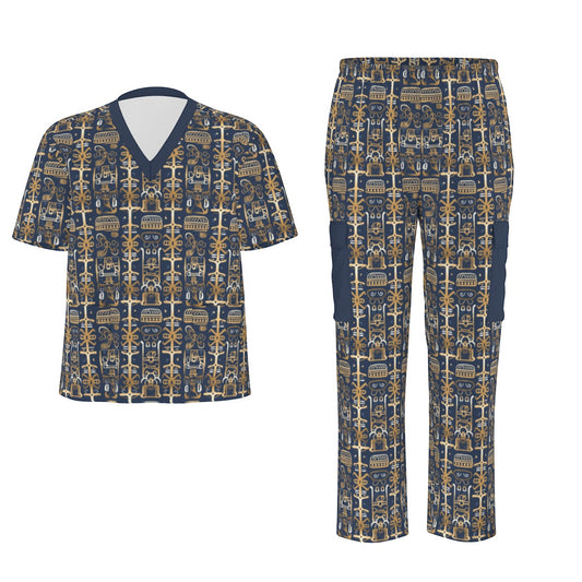 Golden Shamanic Serenity Afrocentric Unisex Birdseye Scrub Set, Navy Blue & Gold MudCloth Print Medical Uniform