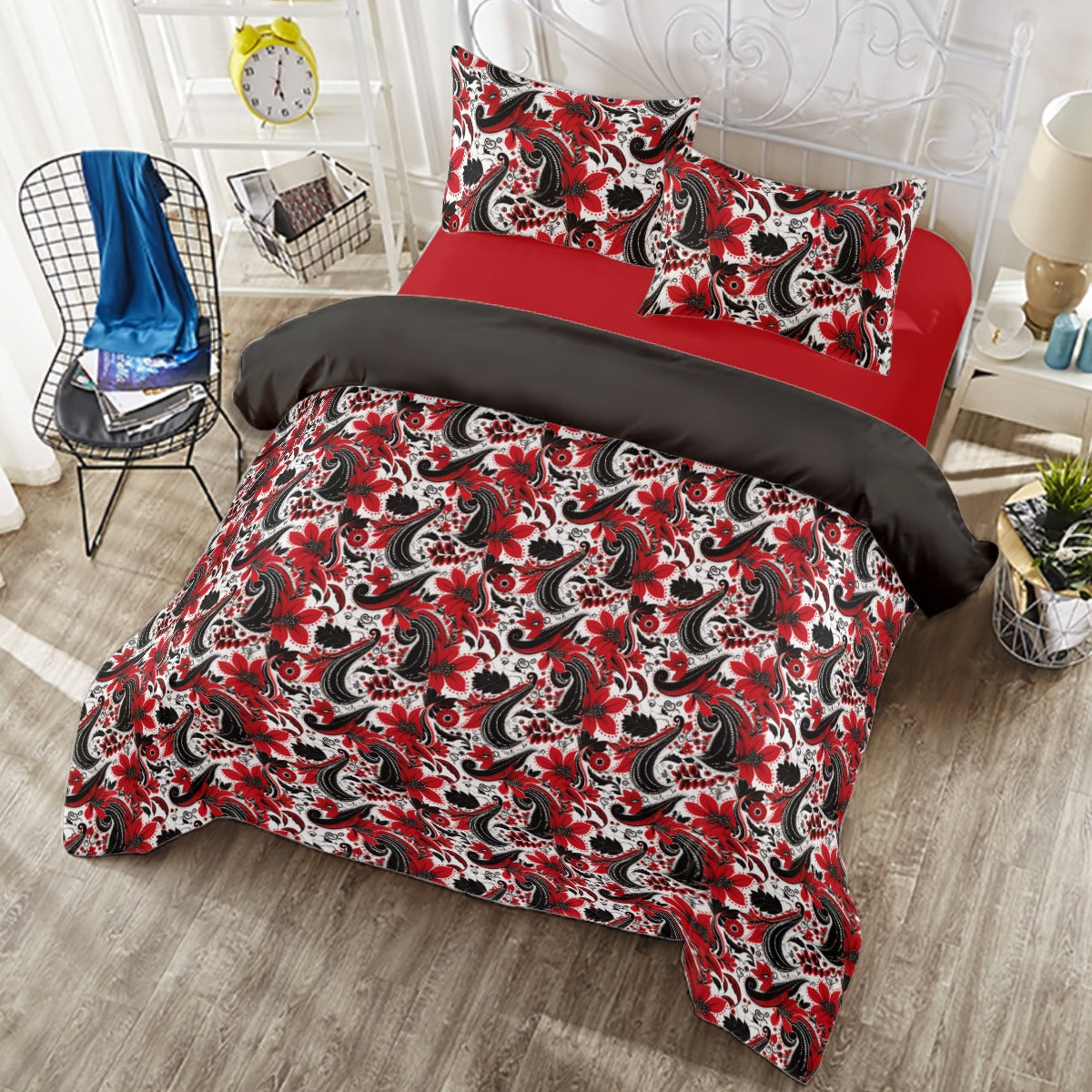 Red Paisley Print Four-piece Duvet Cover Set, Red Bandana Print Bedroom Decor, Red Black Boho Chic