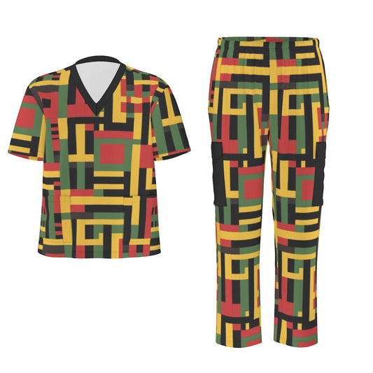 African Kente Print Unisex Scrub Set, V-neck Tribal Print Nurse Scrubs