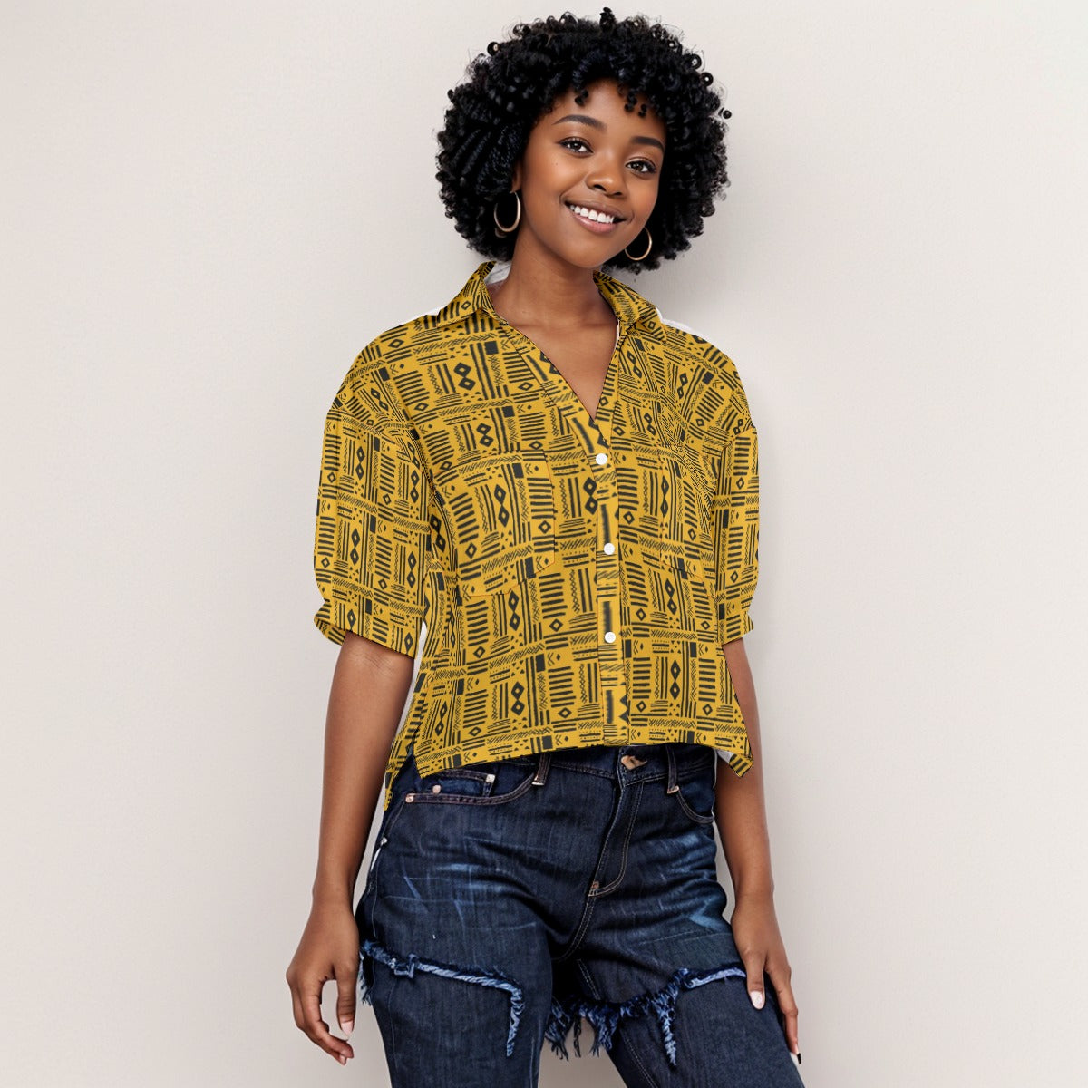 Elegant Women's Yellow & Black African MudCloth Print Loose Fit Top With Side Slits