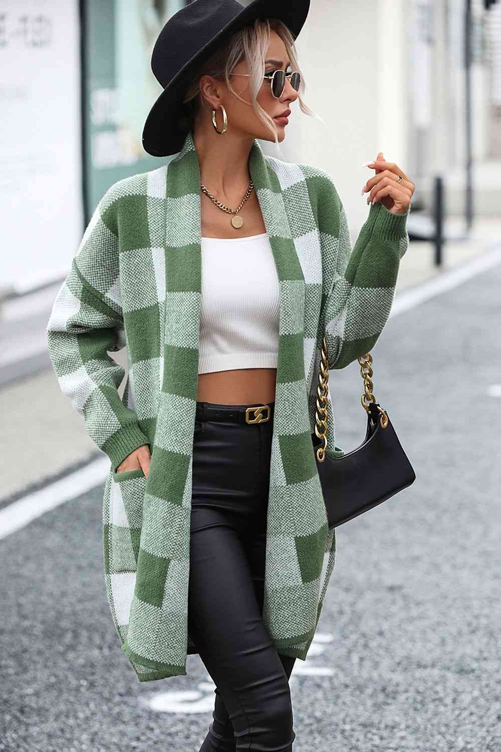 Cozy Plaid Open-Front Cardigan with Pocket