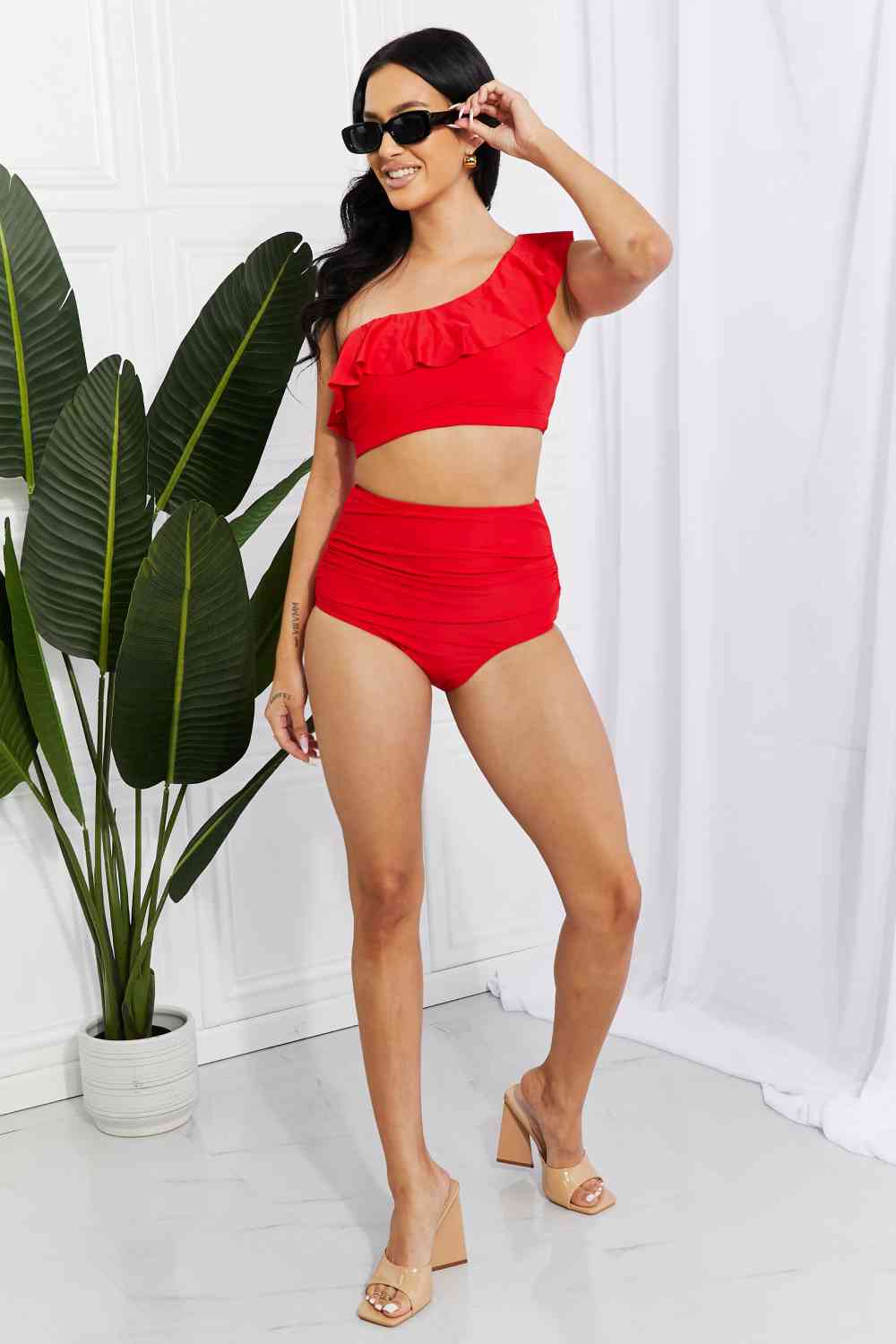 Asymmetrical Ruffle Top and High-Waisted Bikini Set - Solid Color Swimwear with Removable Pads