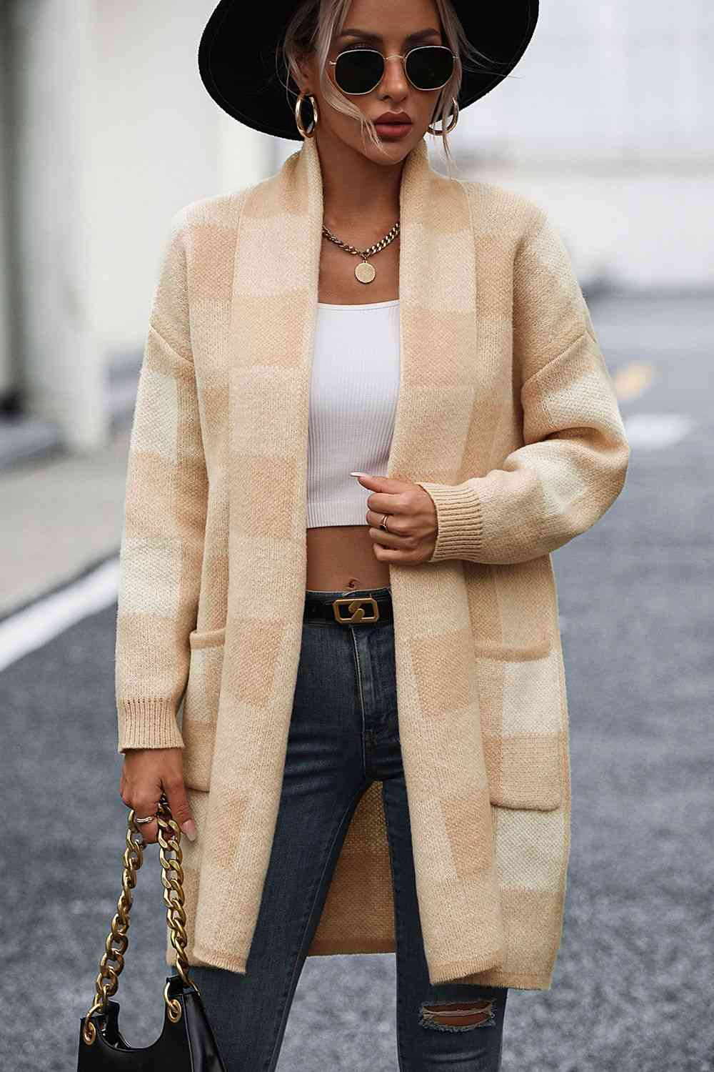 Cozy Plaid Open-Front Cardigan with Pocket